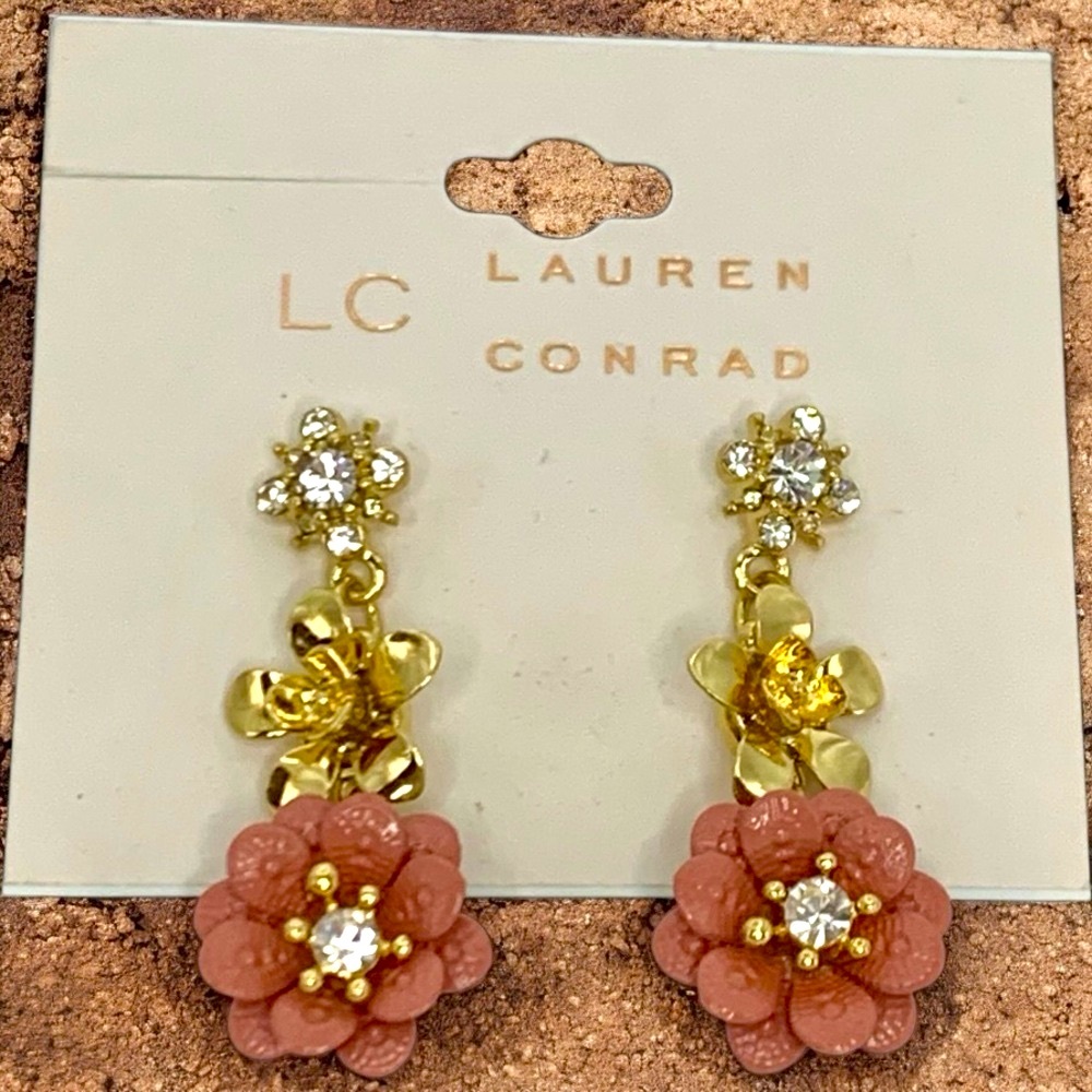 LC Lauren Conrad Gold Plated Pink Flower & Cubic Zirconia Stud Dangle Earrings - Picture 3 of 4